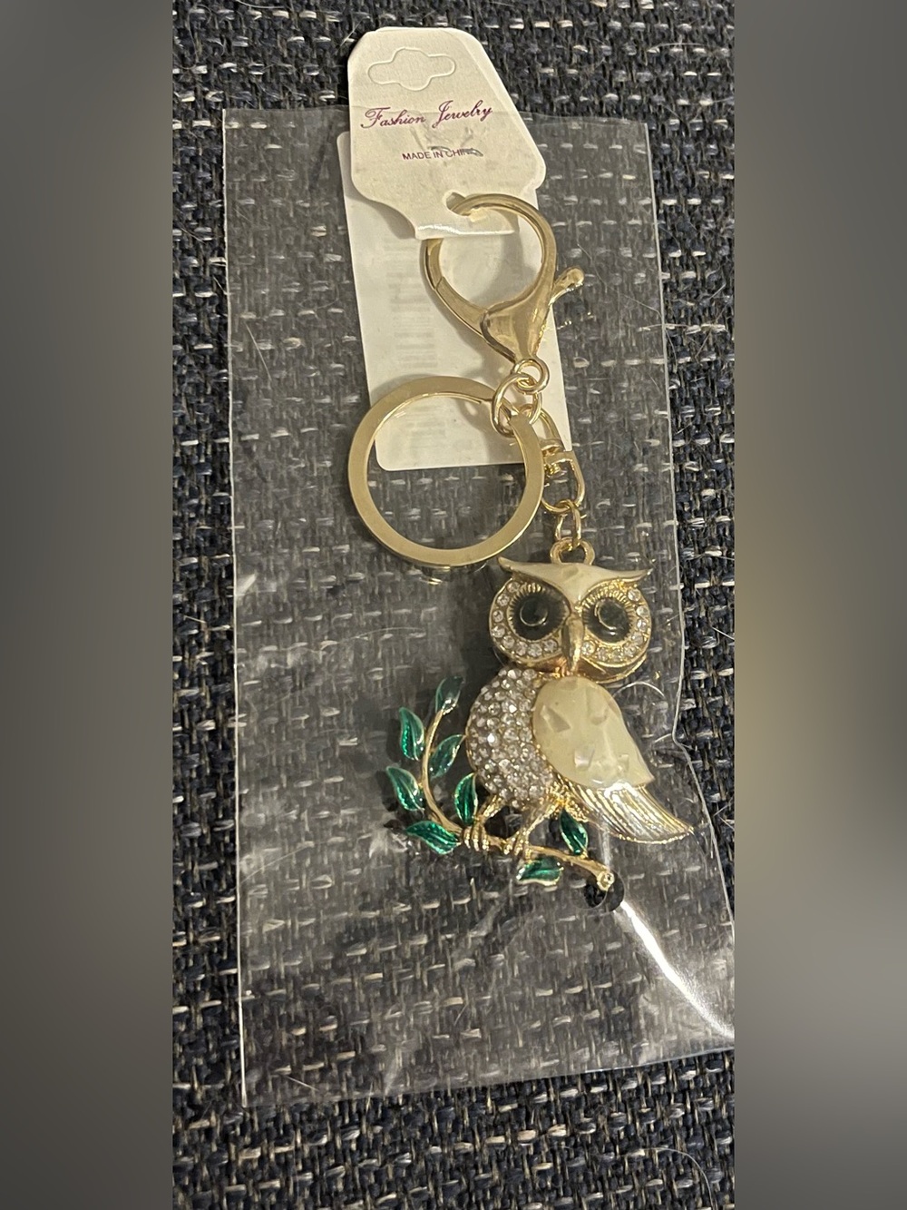 Gold Owl Keychain with Green Enamel Leaves and Crystal Accents